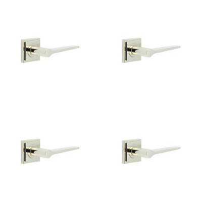 4 PACK Elegant Polished Nickel Door Handle on Square Stepped Rose - Solid Brass Interior Handle