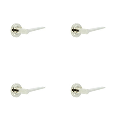 4 PACK Elegant Polished Nickel Door Handle on Stepped Rose for Classic and Modern Interiors - Solid Brass Interior Handle