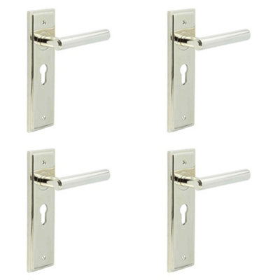 4 PACK Elegant Polished Nickel Door Handle with Euro Backplate for Homes - Solid Brass Interior Lever