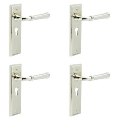 4 PACK Elegant Polished Nickel Door Handle with Euro Backplate - Solid Brass Interior Handle Lock
