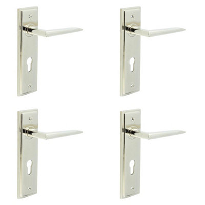 4 PACK Elegant Polished Nickel Door Handle with Euro Backplate Solid Brass - Interior Handle