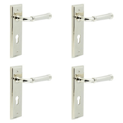 4 PACK Elegant Polished Nickel Door Handle with Euro Backplate - Solid Brass Interior Handle
