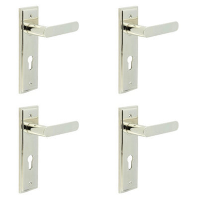 4 PACK Elegant Polished Nickel Door Handle with Euro Backplate - Solid Brass Interior Lock Handle