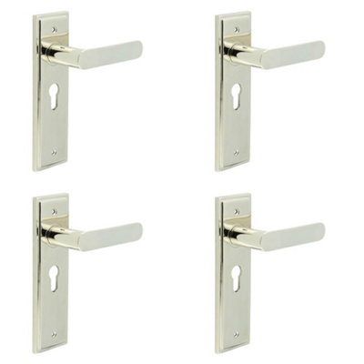 4 PACK Elegant Polished Nickel Door Handle with Euro Backplate - Solid Brass Interior Toilet Handle