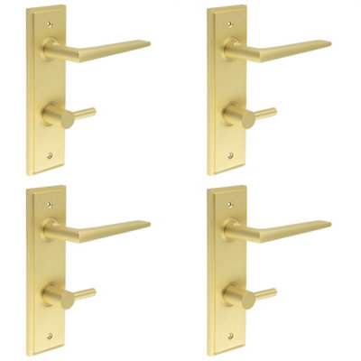 4 PACK Elegant Satin Brass Bathroom Door Handle with Backplate and Turn Release Mechanism Solid Brass - Interior Handle