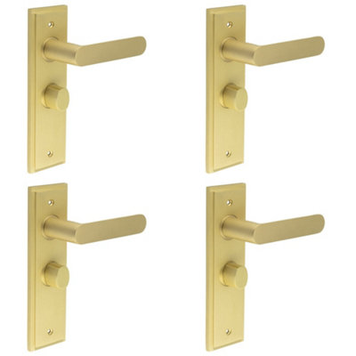 4 PACK Elegant Satin Brass Bathroom Door Handle with Backplate and Turn Release Mechanism - Solid Brass Interior Handle