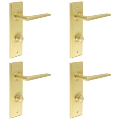 4 PACK Elegant Satin Brass Bathroom Door Handle with Backplate and Turn Release Solid Brass - Interior Handle