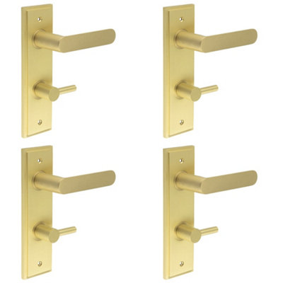 4 PACK Elegant Satin Brass Bathroom Door Handle with Backplate and Turn Release Solid Brass Interior Handle