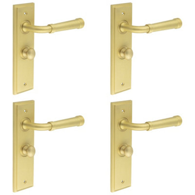 4 PACK Elegant Satin Brass Bathroom Door Handle with Backplate and Turn Release - Solid Brass Interior Handle