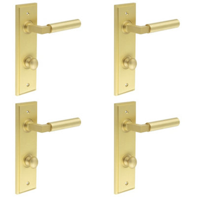 4 PACK Elegant Satin Brass Bathroom Door Handle with Backplate and Turn Release - Solid Brass Interior Lever Handle