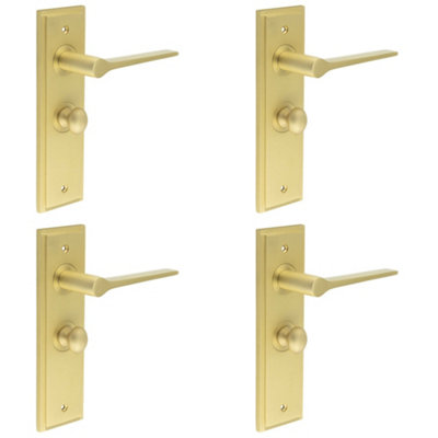 4 PACK Elegant Satin Brass Bathroom Door Handle with Backplate and Turn Release - Solid Brass WC Interior Handle