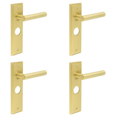 4 PACK Elegant Satin Brass Bathroom Door Handle with Backplate - Solid Brass Interior Lever
