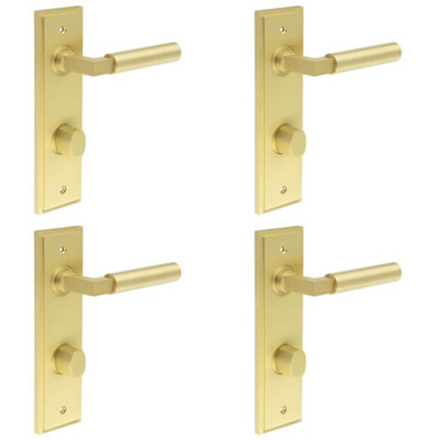 4 PACK Elegant Satin Brass Bathroom Door Handle with Turn Release - Solid Brass Interior Handle