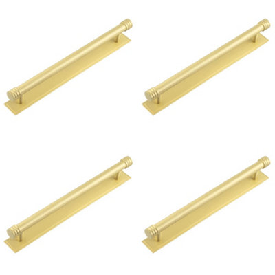 4 PACK Elegant Satin Brass Cabinet Handle with 224mm Centers and Stepped Backplate - Kitchen Drawer Pull Handle