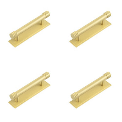4 PACK Elegant Satin Brass Cabinet Handle with Stepped Backplate - 96mm Ctrs - Kitchen Drawer Pull Handle