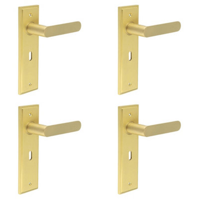 4 PACK Elegant Satin Brass Door Handle Lock Backplate for Home - Solid Brass Interior Handle