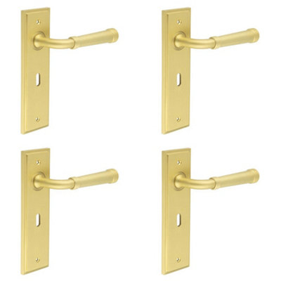 4 PACK Elegant Satin Brass Door Handle Lock Backplate for Luxurious Interiors - Solid Brass Interior Handle