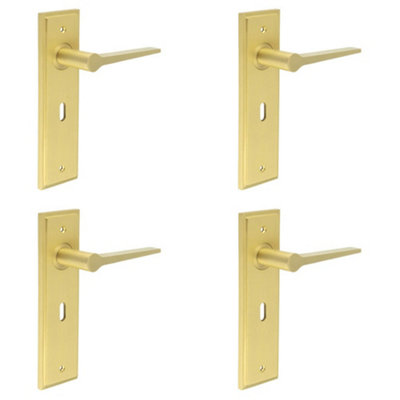 4 PACK Elegant Satin Brass Door Handle Lock Backplate for Modern Homes - Solid Brass Interior Handle