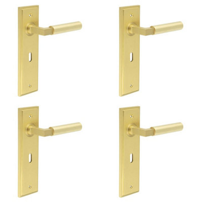 4 PACK Elegant Satin Brass Door Handle Lock Backplate for Modern Homes - Solid Brass Interior Lever