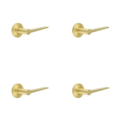 4 PACK Elegant Satin Brass Door Handle on Chamfered Rose for Modern and Classic Interiors - Solid Brass Interior Handle