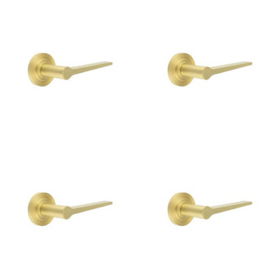 4 PACK Elegant Satin Brass Door Handle on Reeded Rose for Timeless Style - Solid Brass Interior Handle