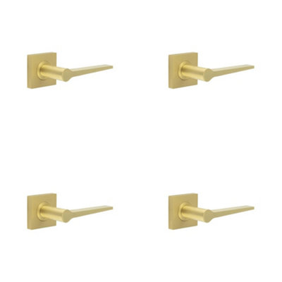 4 PACK Elegant Satin Brass Door Handle on Square Rose for Classic and Modern Interiors - Solid Brass Interior Handle