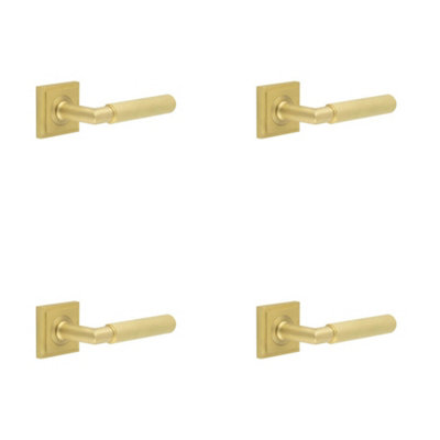 4 PACK Elegant Satin Brass Door Handle on Square Stepped Rose for Luxury Interiors - Solid Brass Interior Handle
