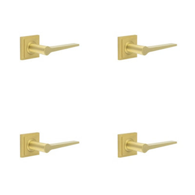 4 PACK Elegant Satin Brass Door Handle on Square Stepped Rose for Modern & Traditional Interiors - Solid Brass Interior Handle