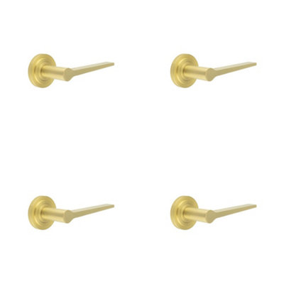 4 PACK Elegant Satin Brass Door Handle on Stepped Rose for Modern and Traditional Interiors - Solid Brass Interior Handle