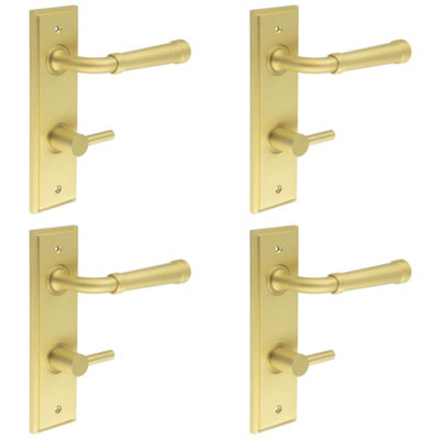 4 PACK Elegant Satin Brass Door Handle with Backplate for Bathrooms - Solid Brass Interior Handle
