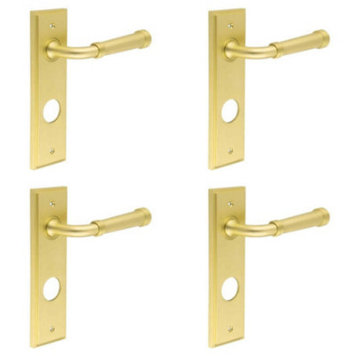 4 PACK Elegant Satin Brass Door Handle with Backplate for Bathrooms - Solid Brass Interior Toilet Handle