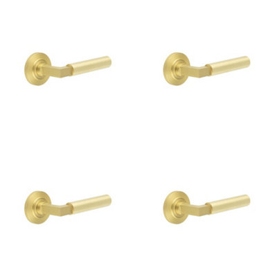 4 PACK Elegant Satin Brass Door Handle with Chamfered Rose Design - Solid Brass Interior Handle