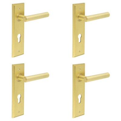 4 PACK Elegant Satin Brass Door Handle with Euro Backplate for Luxurious Style - Solid Brass Interior Lever