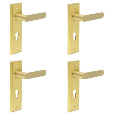 4 PACK Elegant Satin Brass Door Handle with Euro Backplate for Premium Interiors - Solid Brass Interior Handle