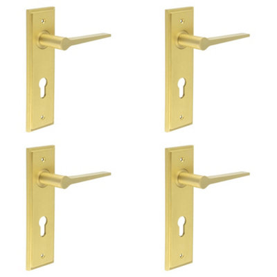 4 PACK Elegant Satin Brass Door Handle with Euro Backplate - Solid Brass Interior Handle
