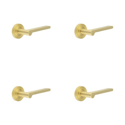 4 PACK Elegant Satin Brass Door Handle with Plain Rose Design - Solid Brass Interior Handle