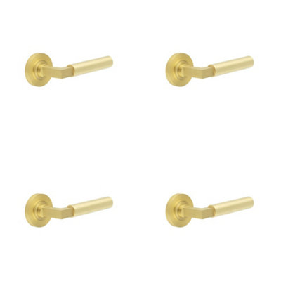 4 PACK Elegant Satin Brass Door Handle with Rose Design - Solid Brass Interior Handle