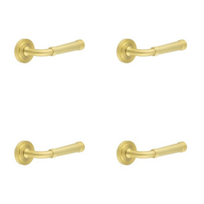 4 PACK Elegant Satin Brass Door Handle with Stepped Rose Design - Solid Brass Interior Handle