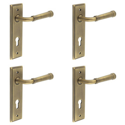 4 PACK Elegant Satin Brass Euro Backplate Door Handle for Luxury Homes - Solid Brass Interior Handle
