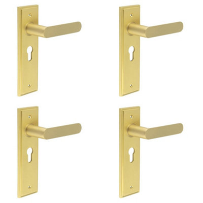 4 PACK Elegant Satin Brass Euro Backplate Door Handle for Luxury Interiors - Solid Brass Interior Handle