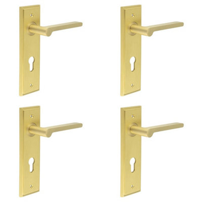 4 PACK Elegant Satin Brass Euro Backplate Door Handle for Stylish Interiors - Solid Brass Interior Handle