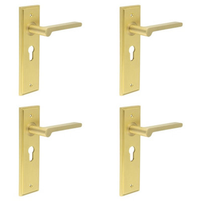 4 PACK Elegant Satin Brass Euro Lock Door Handle with Backplate - Solid Brass Interior Handle
