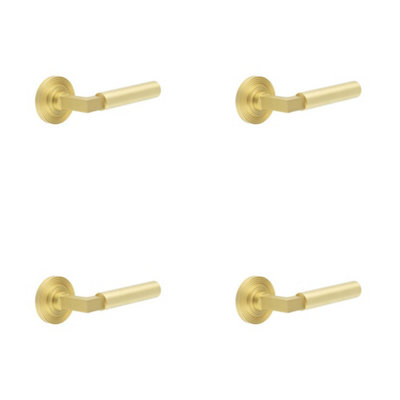 4 PACK Elegant Satin Brass Reeded Door Handle with Rose - Solid Brass Interior Handle
