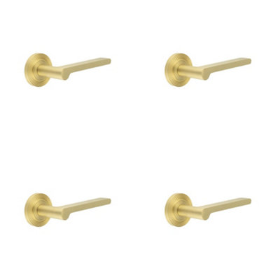 4 PACK Elegant Satin Brass Reeded Rose Door Handle for Modern Interiors - Solid Brass Interior Handle