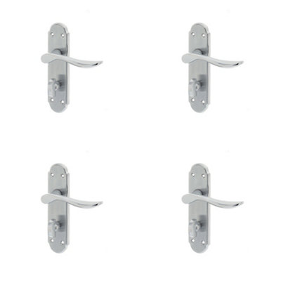 4 PACK Elegant Satin Chrome Suite Door Handle with Bathroom Plate - Interior Lever on Backplate