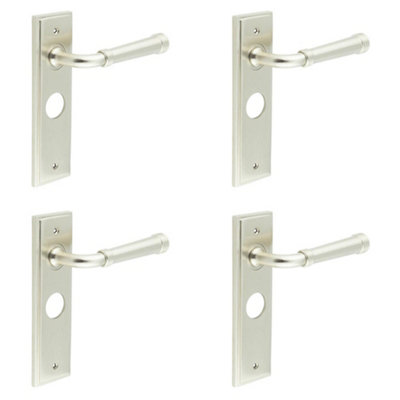 4 PACK Elegant Satin Nickel Bathroom Door Handle with Backplate - Solid Brass Interior Handle