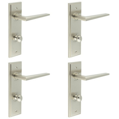 4 PACK Elegant Satin Nickel Bathroom Door Handle with Turn & Release Backplate - Solid Brass Interior Handle