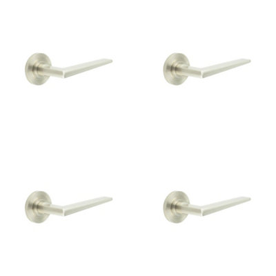 4 PACK Elegant Satin Nickel Door Handle on Reeded Rose for Luxury Homes - Solid Brass Interior Handle