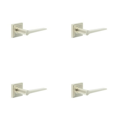 4 PACK Elegant Satin Nickel Door Handle on Square Stepped Rose for Modern and Classic Interiors - Solid Brass Interior Handle