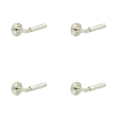 4 PACK Elegant Satin Nickel Door Handle with Chamfered Rose - Solid Brass Interior Handle